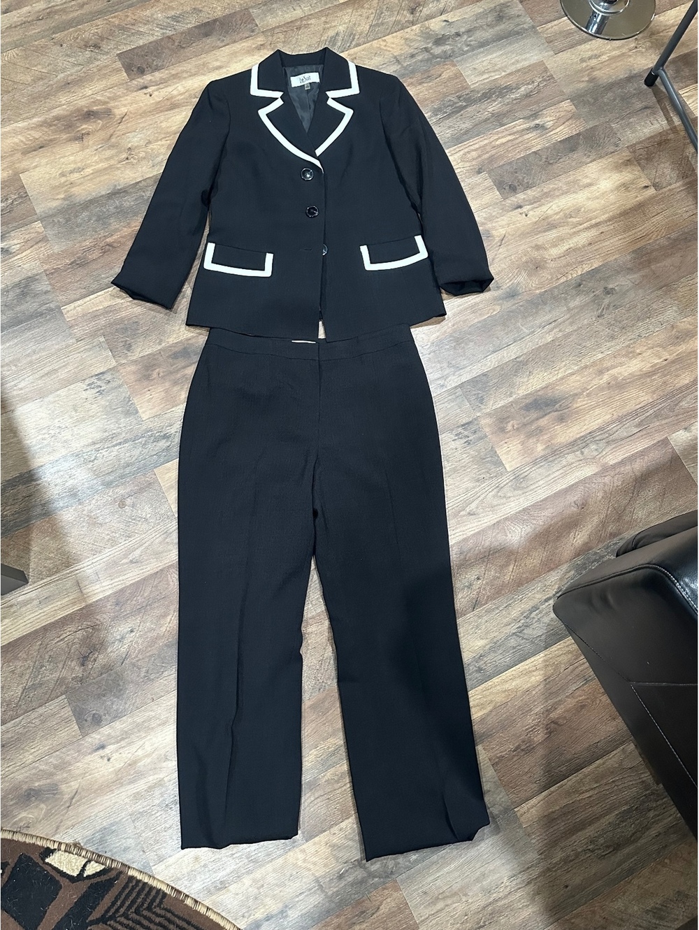 Vintage Le Suit black pantsuit with white trim